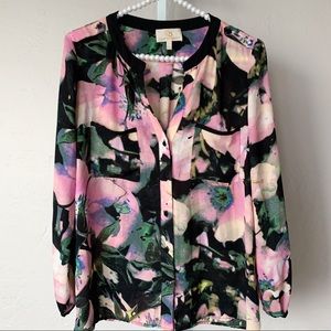 COLLECTIVE CONCEPTS Black & Pink Floral Long Sleeve Blouse Size XS